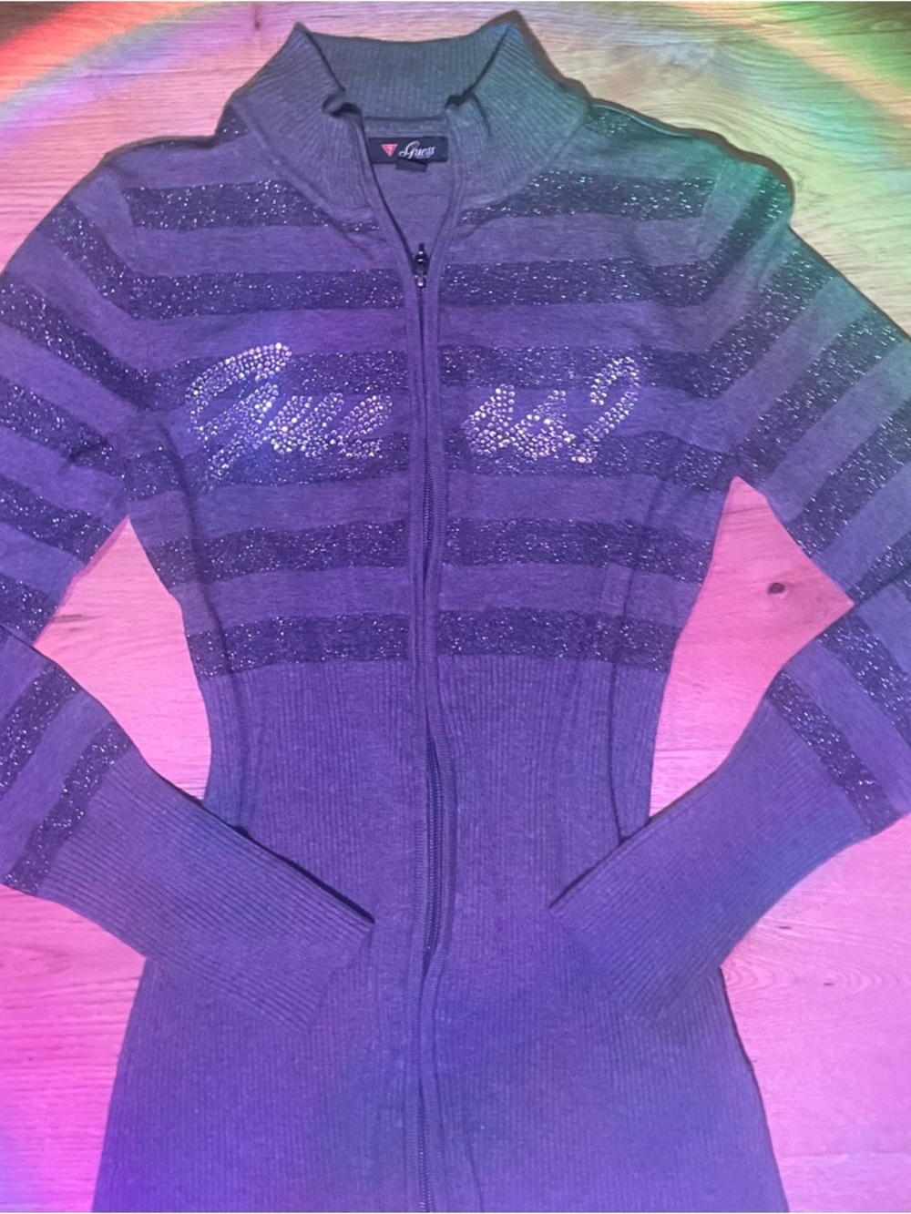 Guess Grey Sparked Zip-Up Knit Jacket with Stripes